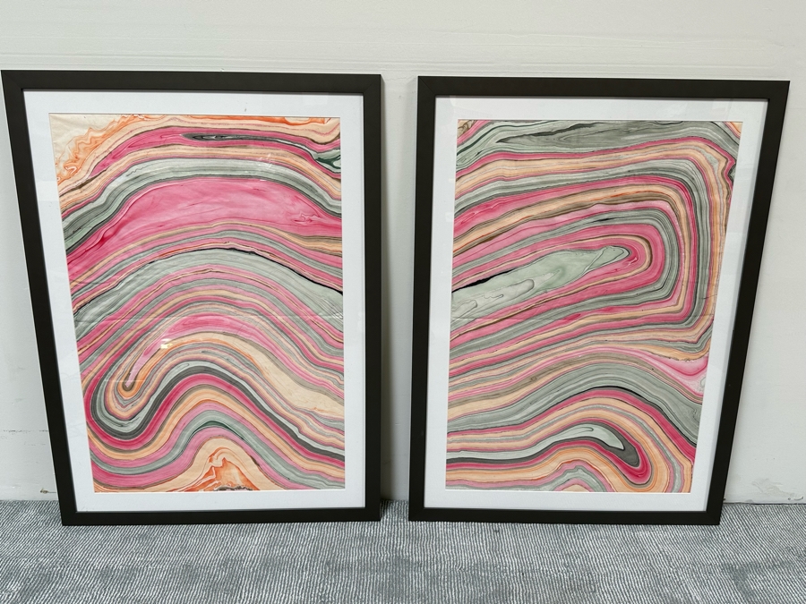 Pair Of Original Colorful Geode Marbling Paintings On Paper 24 X 36 Framed 31.5 X 43.5 [Photo 4]