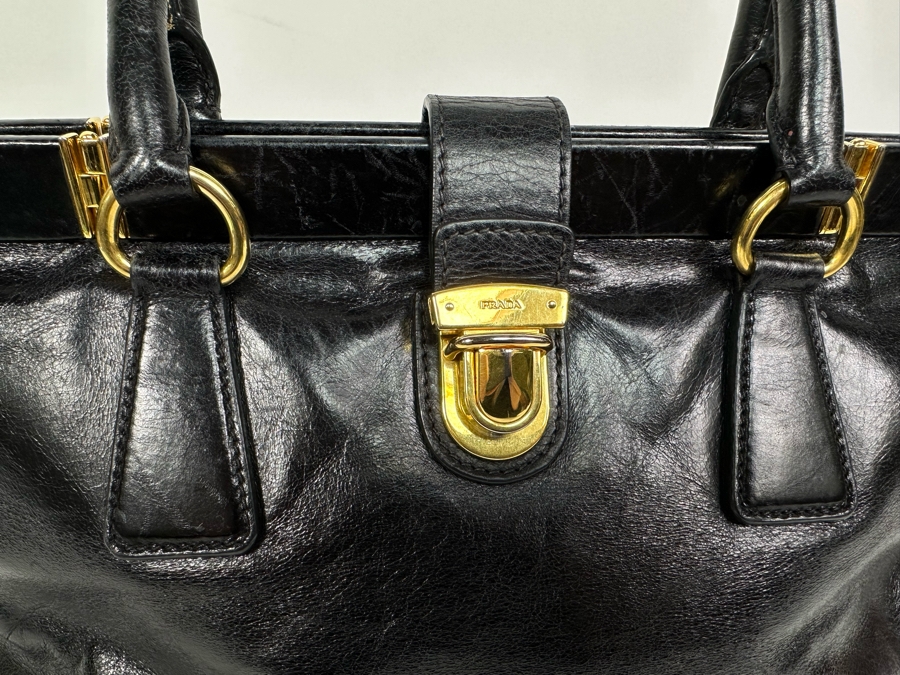 PRADA Black Leather Accordion Handbag Milano Italy 13W X 8H [Photo 7]