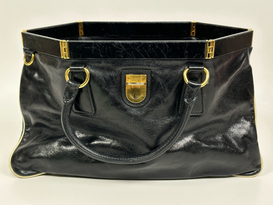 PRADA Black Leather Accordion Handbag Milano Italy 13W X 8H [Photo 5]