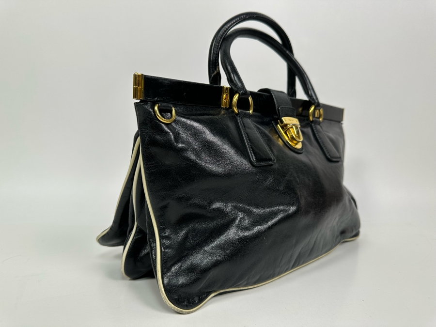 PRADA Black Leather Accordion Handbag Milano Italy 13W X 8H [Photo 8]