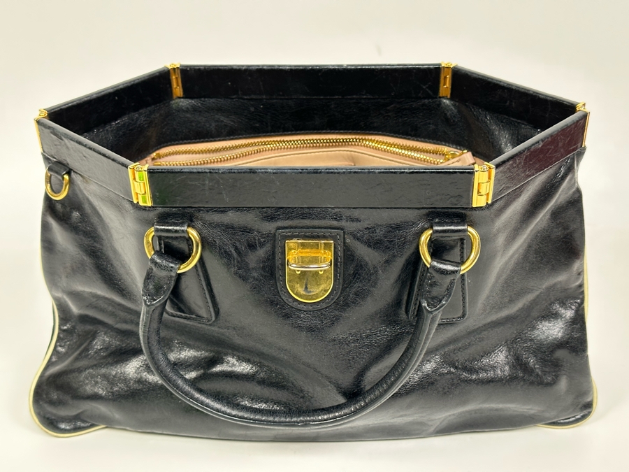 PRADA Black Leather Accordion Handbag Milano Italy 13W X 8H [Photo 4]