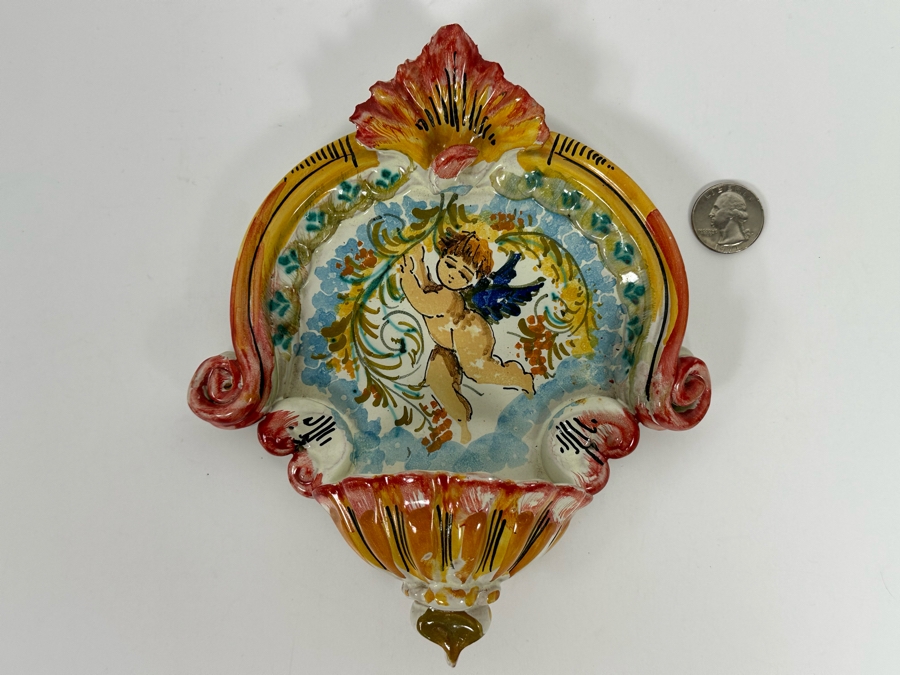Small Hand Painted Ceramic Italian Wall Plaque Holy Water Font Acquasantiera [Photo 3]
