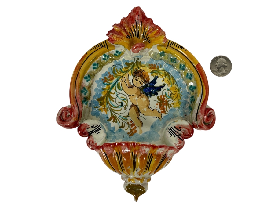 Small Hand Painted Ceramic Italian Wall Plaque Holy Water Font Acquasantiera [Photo 1]