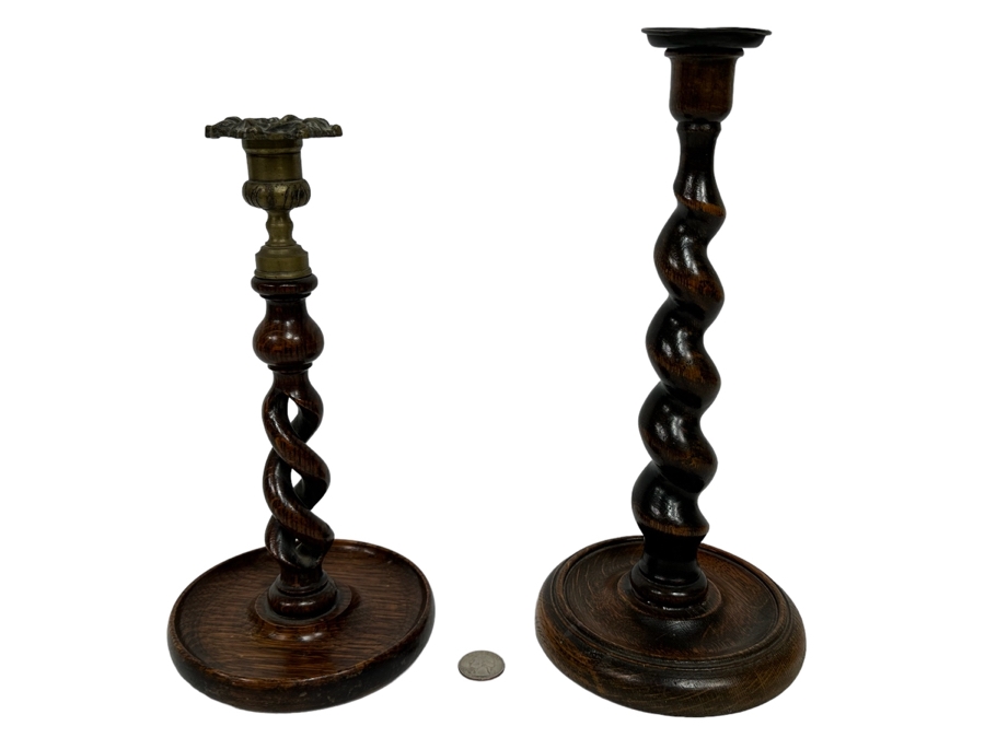 Pair Of Antique Carved Wooden Barley Twist Candlesticks (One Retailed For $225) 11H & 12H [Photo 1]