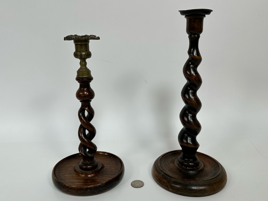 Pair Of Antique Carved Wooden Barley Twist Candlesticks (One Retailed For $225) 11H & 12H [Photo 3]