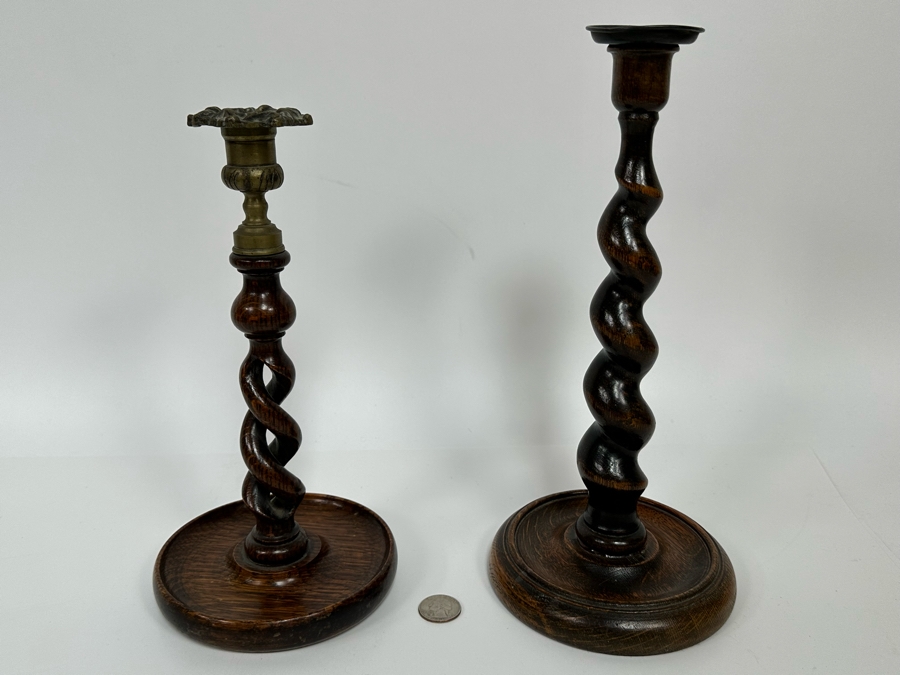 Pair Of Antique Carved Wooden Barley Twist Candlesticks (One Retailed For $225) 11H & 12H [Photo 2]