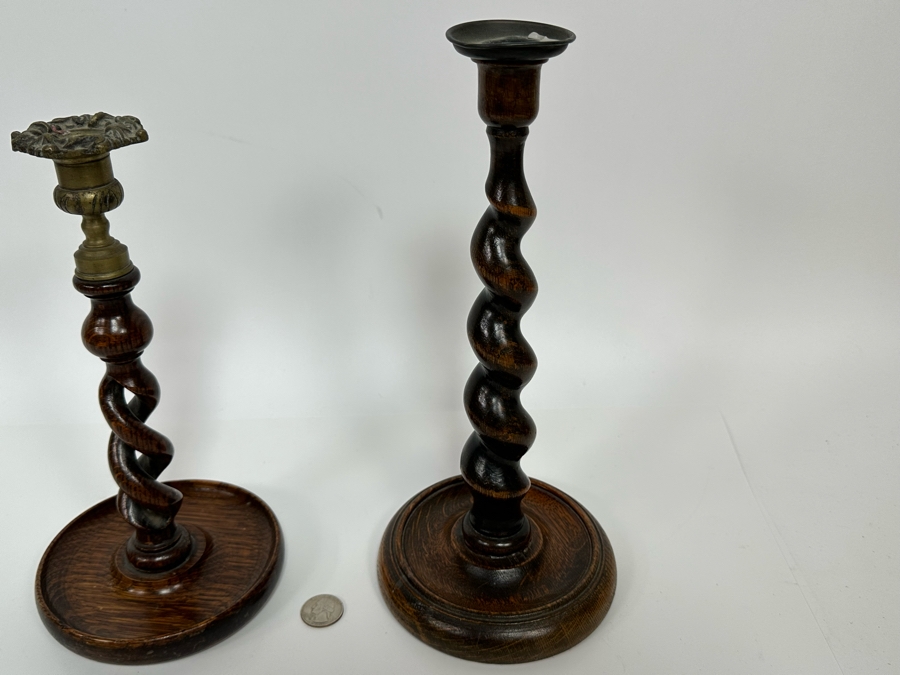 Pair Of Antique Carved Wooden Barley Twist Candlesticks (One Retailed For $225) 11H & 12H [Photo 7]