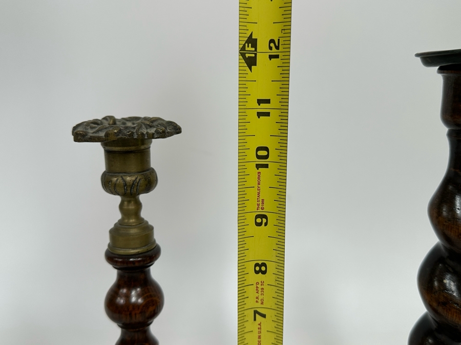 Pair Of Antique Carved Wooden Barley Twist Candlesticks (One Retailed For $225) 11H & 12H [Photo 14]