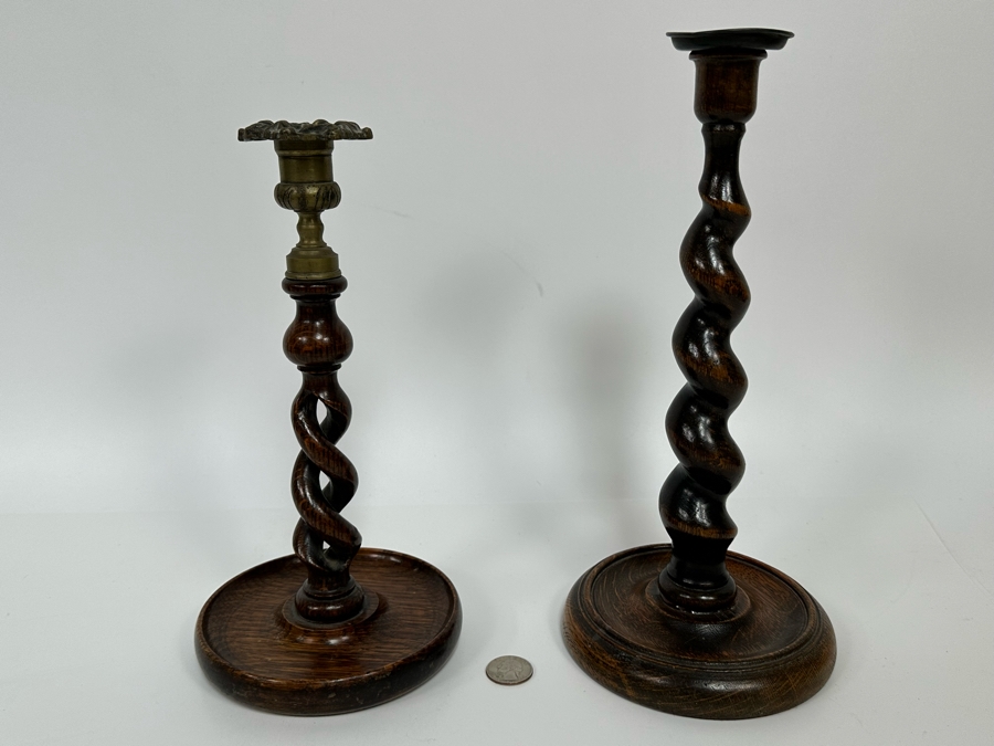 Pair Of Antique Carved Wooden Barley Twist Candlesticks (One Retailed For $225) 11H & 12H [Photo 4]