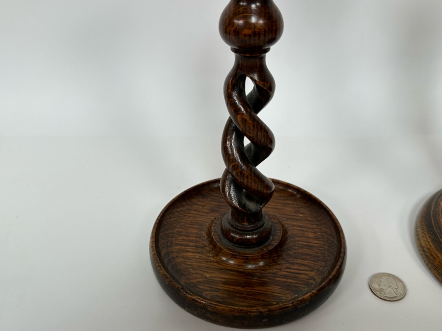 Pair Of Antique Carved Wooden Barley Twist Candlesticks (One Retailed For $225) 11H & 12H [Photo 6]