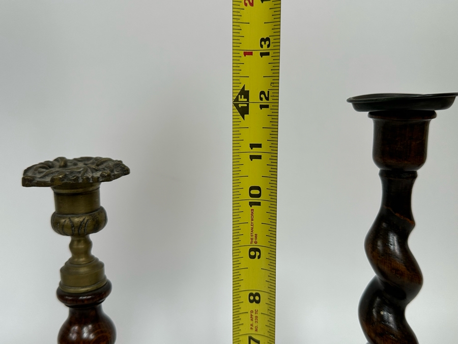 Pair Of Antique Carved Wooden Barley Twist Candlesticks (One Retailed For $225) 11H & 12H [Photo 13]