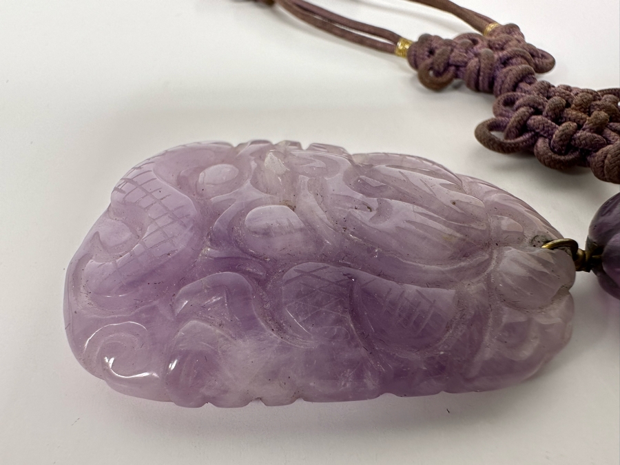 Chinese Old Carved Amethyst Pendant 2”L Necklace With Dragon Design And 2” Carved Bead [Photo 13]