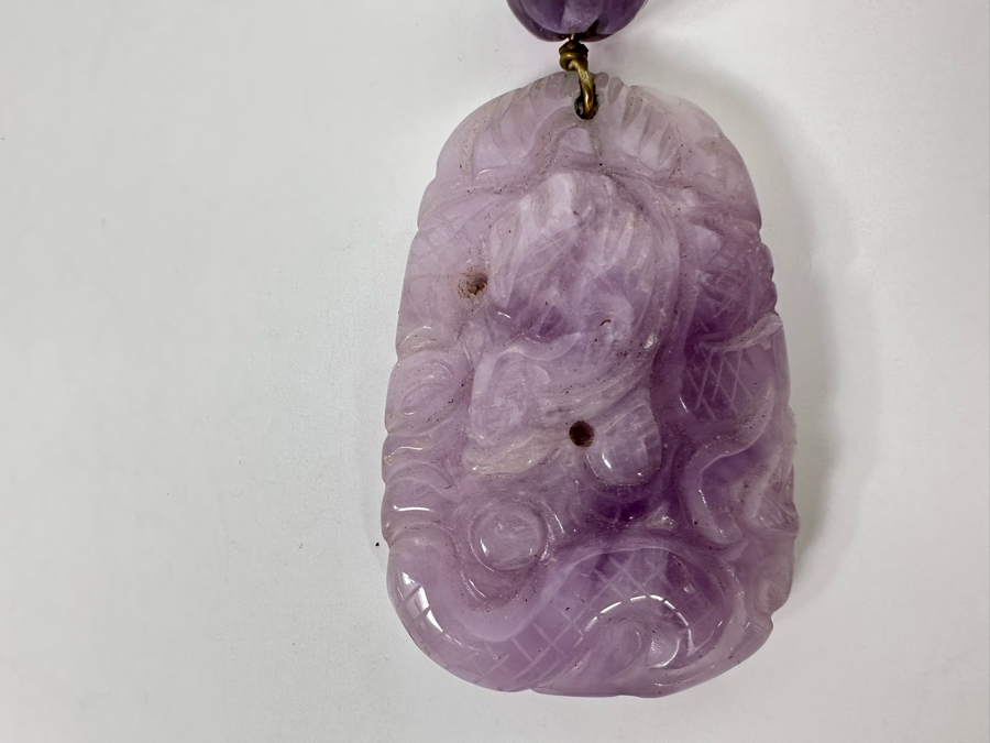 Chinese Old Carved Amethyst Pendant 2”L Necklace With Dragon Design And 2” Carved Bead [Photo 10]