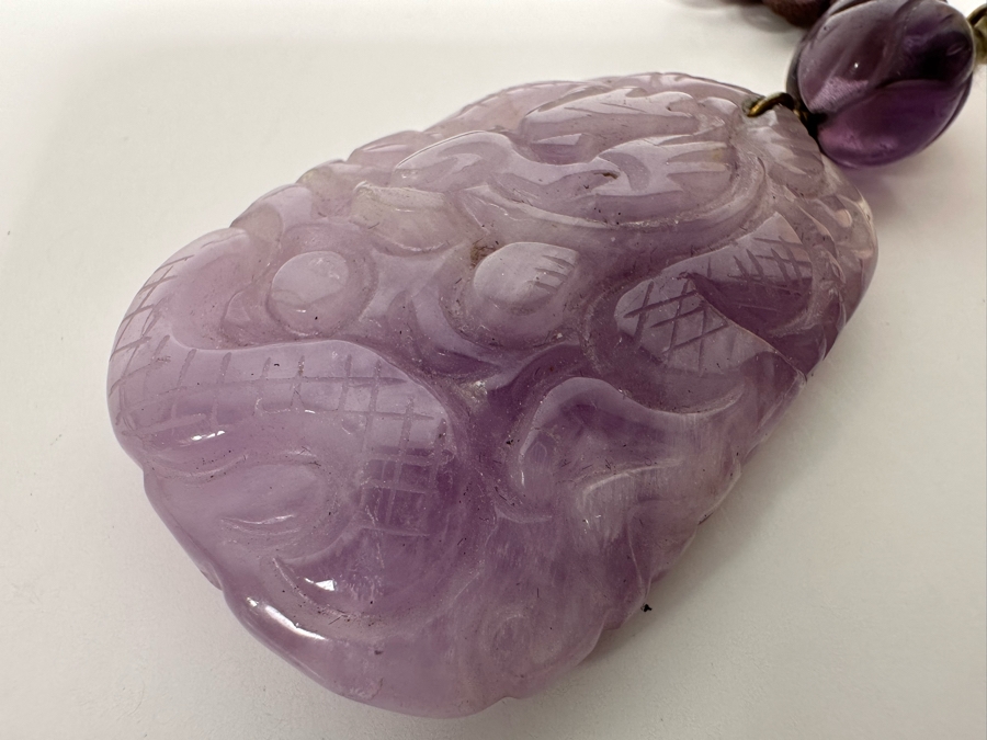 Chinese Old Carved Amethyst Pendant 2”L Necklace With Dragon Design And 2” Carved Bead [Photo 15]