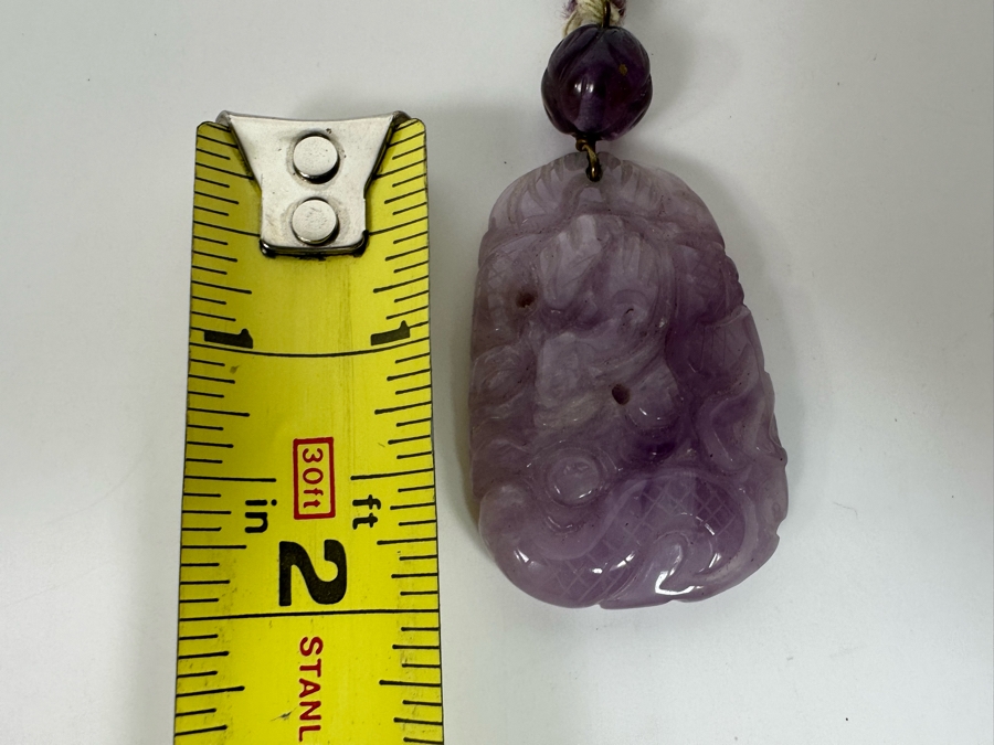 Chinese Old Carved Amethyst Pendant 2”L Necklace With Dragon Design And 2” Carved Bead [Photo 27]