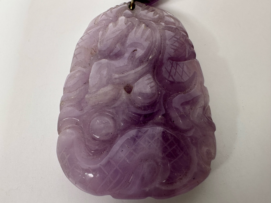 Chinese Old Carved Amethyst Pendant 2”L Necklace With Dragon Design And 2” Carved Bead [Photo 18]