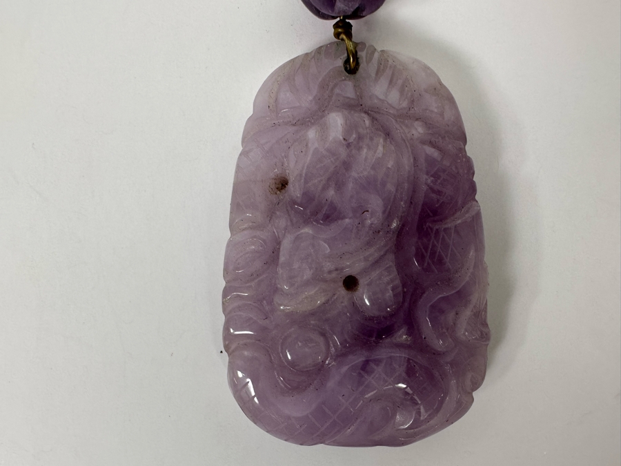 Chinese Old Carved Amethyst Pendant 2”L Necklace With Dragon Design And 2” Carved Bead [Photo 9]
