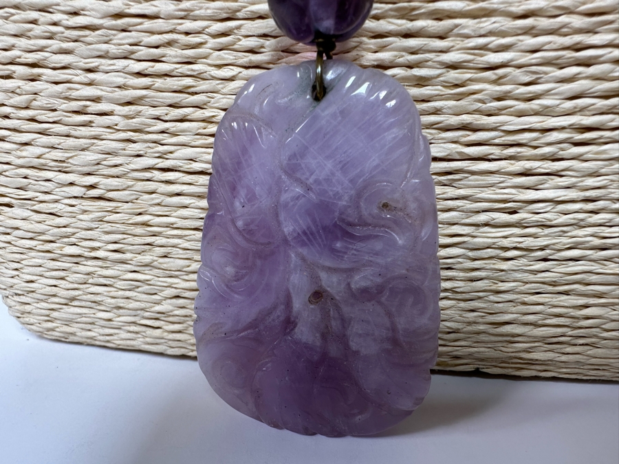Chinese Old Carved Amethyst Pendant 2”L Necklace With Dragon Design And 2” Carved Bead [Photo 6]