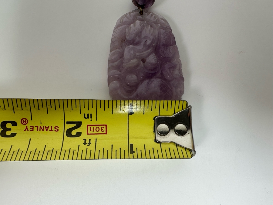 Chinese Old Carved Amethyst Pendant 2”L Necklace With Dragon Design And 2” Carved Bead [Photo 26]