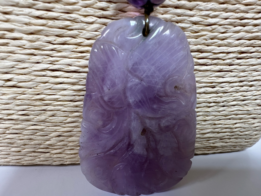 Chinese Old Carved Amethyst Pendant 2”L Necklace With Dragon Design And 2” Carved Bead [Photo 7]