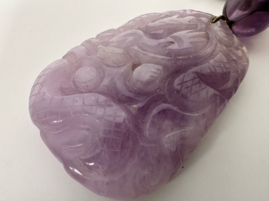 Chinese Old Carved Amethyst Pendant 2”L Necklace With Dragon Design And 2” Carved Bead [Photo 16]