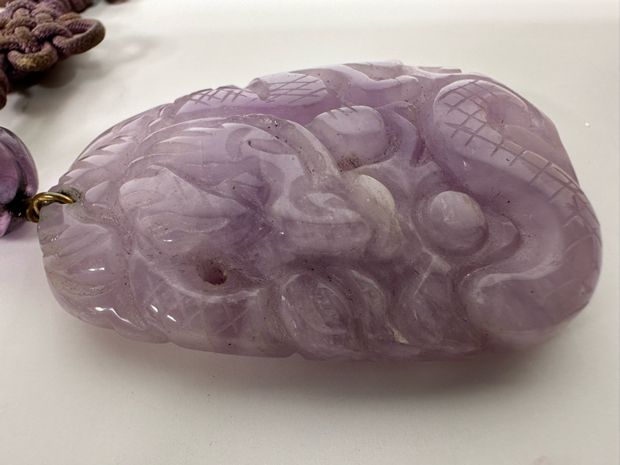 Chinese Old Carved Amethyst Pendant 2”L Necklace With Dragon Design And 2” Carved Bead [Photo 19]