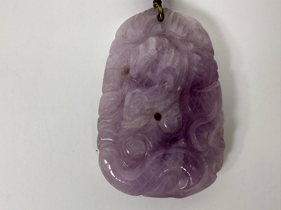 Chinese Old Carved Amethyst Pendant 2”L Necklace With Dragon Design And 2” Carved Bead [Photo 12]
