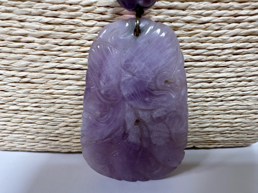 Chinese Old Carved Amethyst Pendant 2”L Necklace With Dragon Design And 2” Carved Bead [Photo 5]