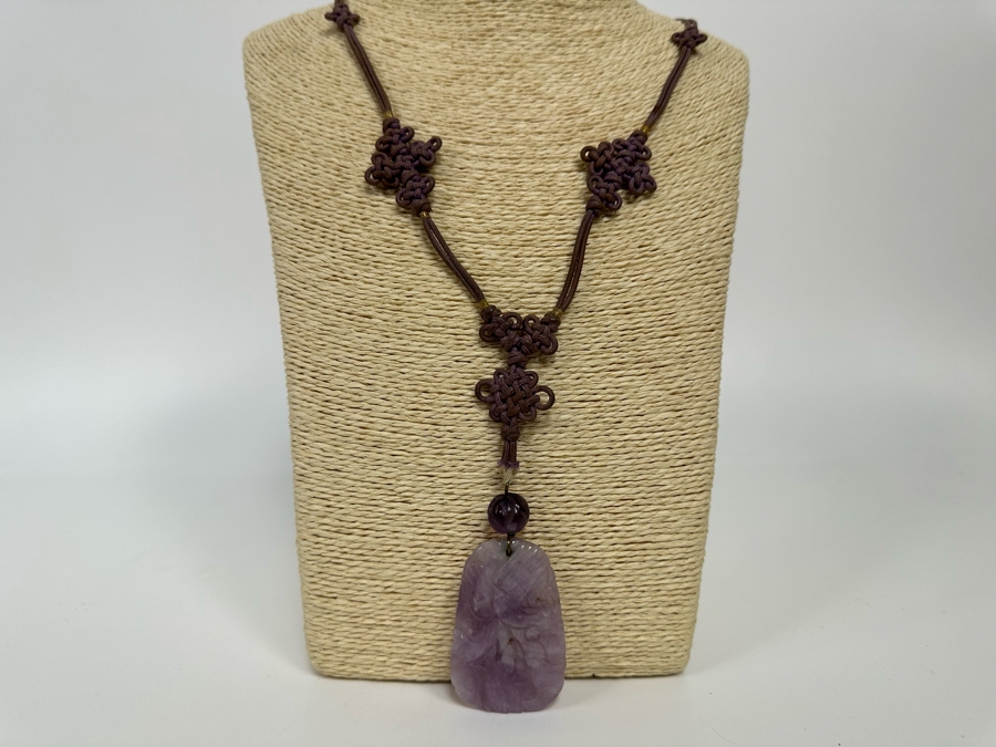 Chinese Old Carved Amethyst Pendant 2”L Necklace With Dragon Design And 2” Carved Bead [Photo 4]