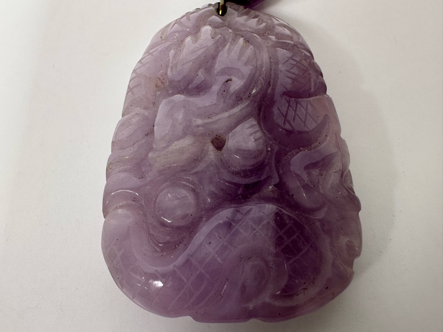 Chinese Old Carved Amethyst Pendant 2”L Necklace With Dragon Design And 2” Carved Bead [Photo 17]