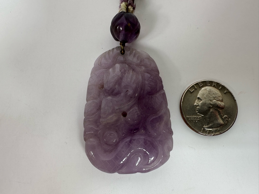Chinese Old Carved Amethyst Pendant 2”L Necklace With Dragon Design And 2” Carved Bead [Photo 25]