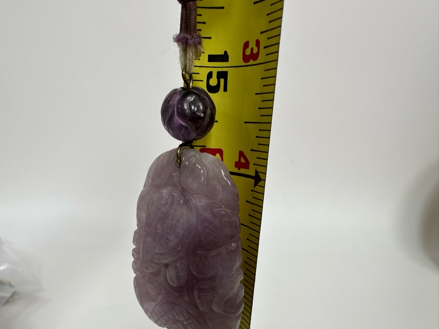 Chinese Old Carved Amethyst Pendant 2”L Necklace With Dragon Design And 2” Carved Bead [Photo 28]