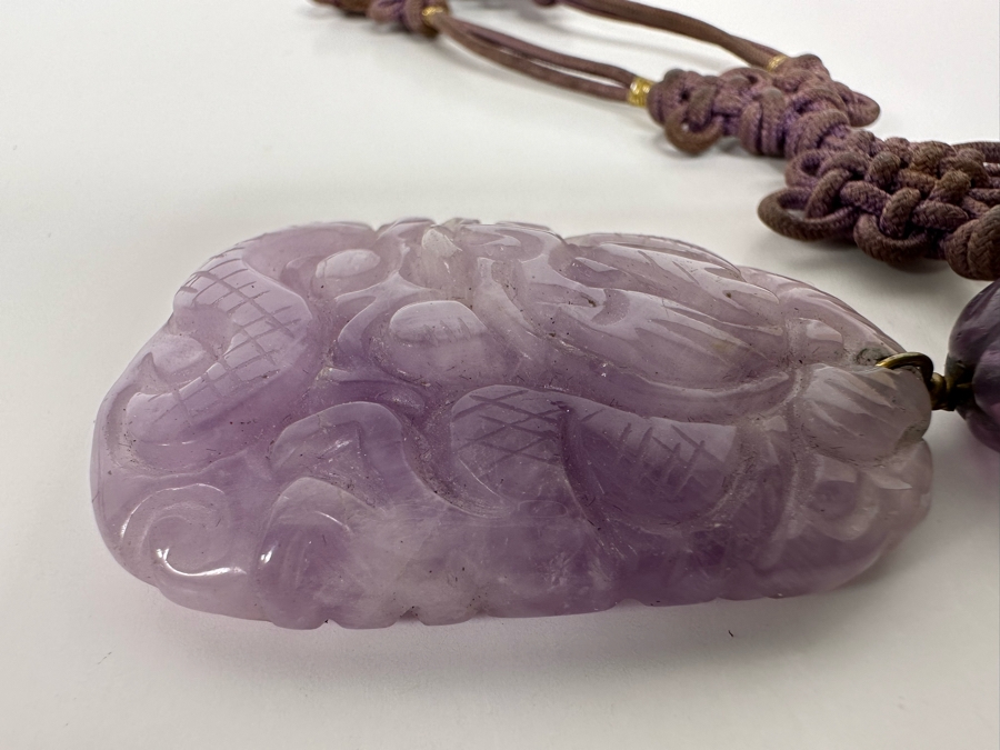 Chinese Old Carved Amethyst Pendant 2”L Necklace With Dragon Design And 2” Carved Bead [Photo 14]