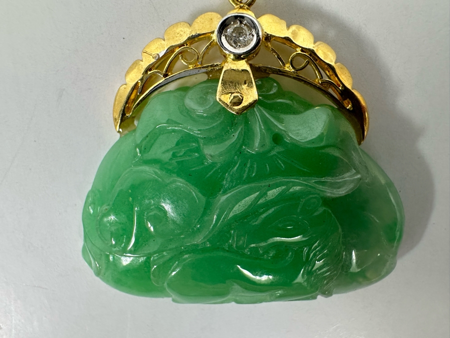 14K Gold Chinese Carved Jade Pendant With Diamond 9.8g [Photo 8]