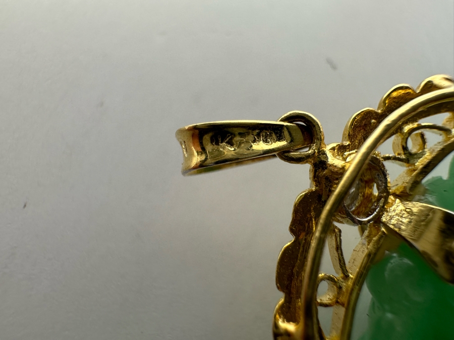 14K Gold Chinese Carved Jade Pendant With Diamond 9.8g [Photo 12]