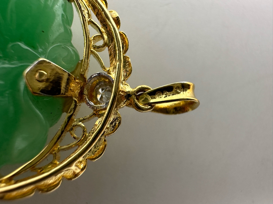 14K Gold Chinese Carved Jade Pendant With Diamond 9.8g [Photo 11]