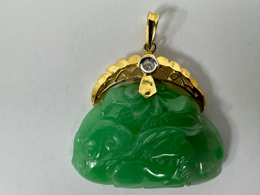 14K Gold Chinese Carved Jade Pendant With Diamond 9.8g [Photo 4]