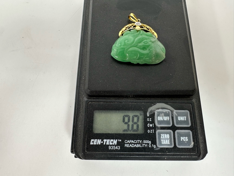 14K Gold Chinese Carved Jade Pendant With Diamond 9.8g [Photo 13]