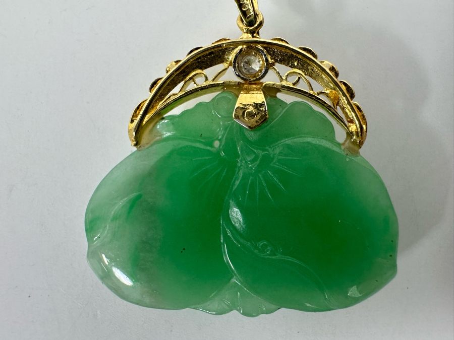 14K Gold Chinese Carved Jade Pendant With Diamond 9.8g [Photo 10]