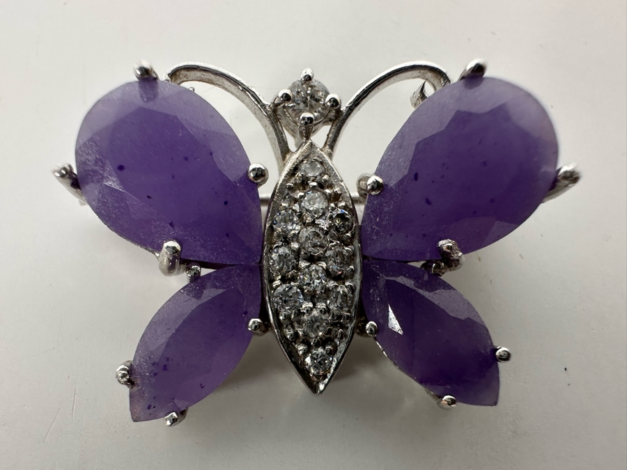 Sterling Silver Chalcedony Butterfly Pin With CZ 9.3g [Photo 2]