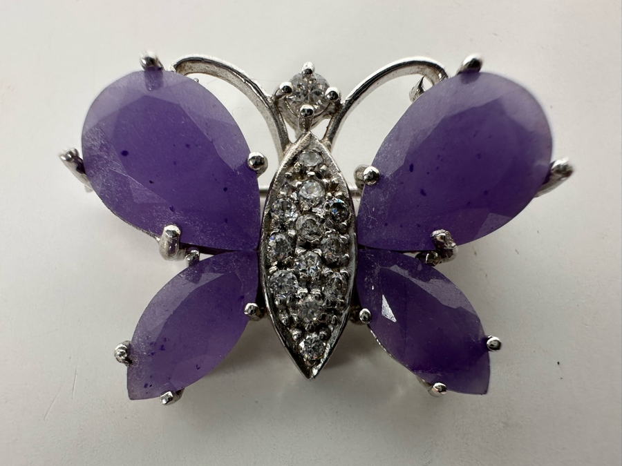 Sterling Silver Chalcedony Butterfly Pin With CZ 9.3g [Photo 3]