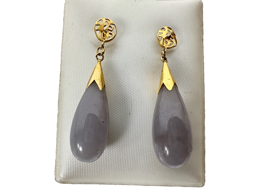 14K Gold Lavender Jadeite Earrings 1 1/4” 4.9g