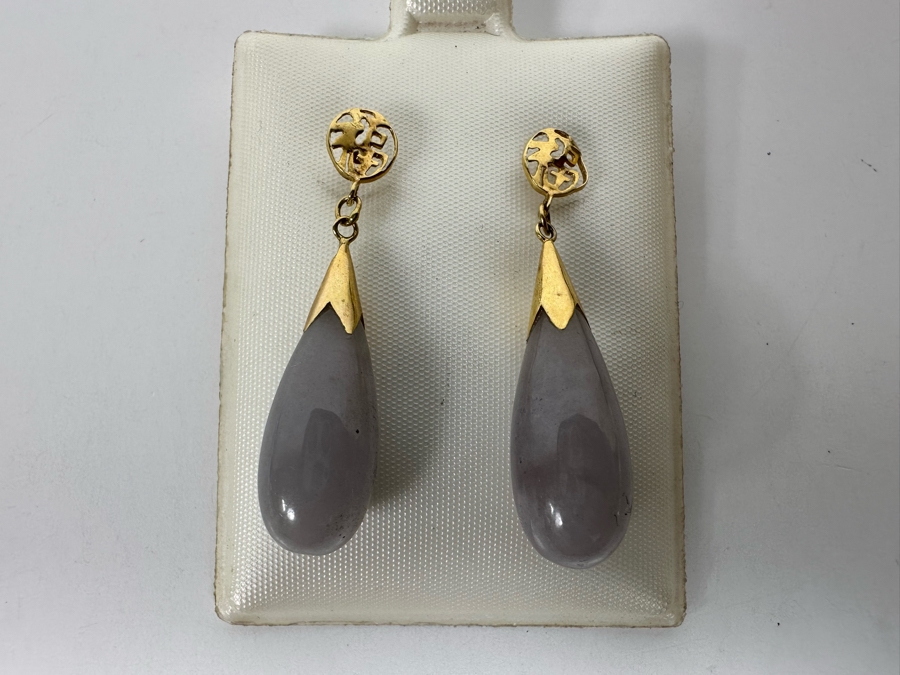 14K Gold Lavender Jadeite Earrings 1 1/4” 4.9g [Photo 4]