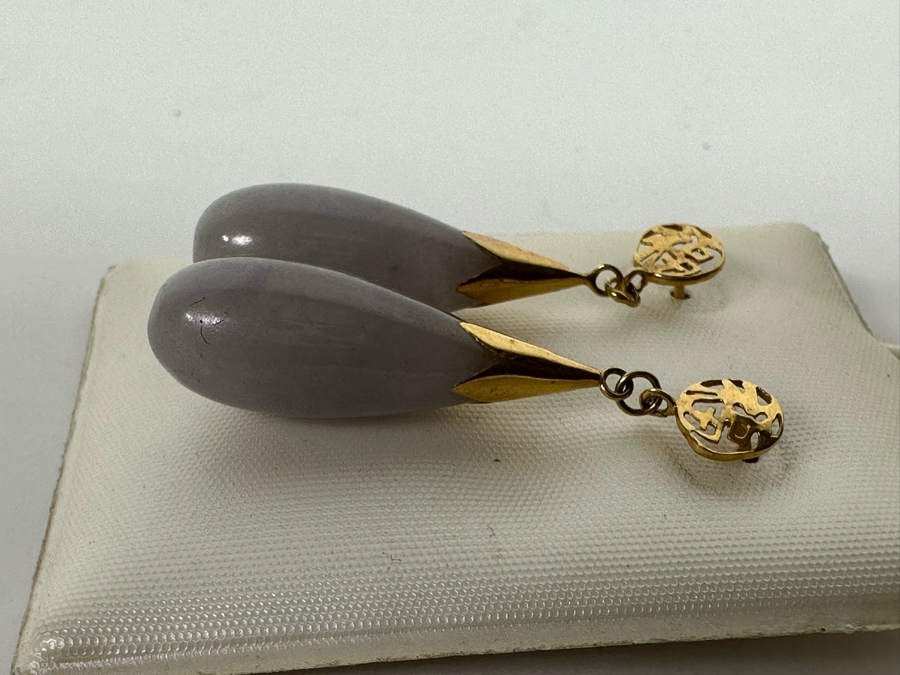 14K Gold Lavender Jadeite Earrings 1 1/4” 4.9g [Photo 6]