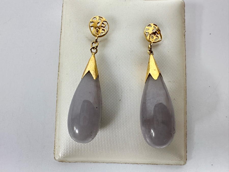 14K Gold Lavender Jadeite Earrings 1 1/4” 4.9g [Photo 2]