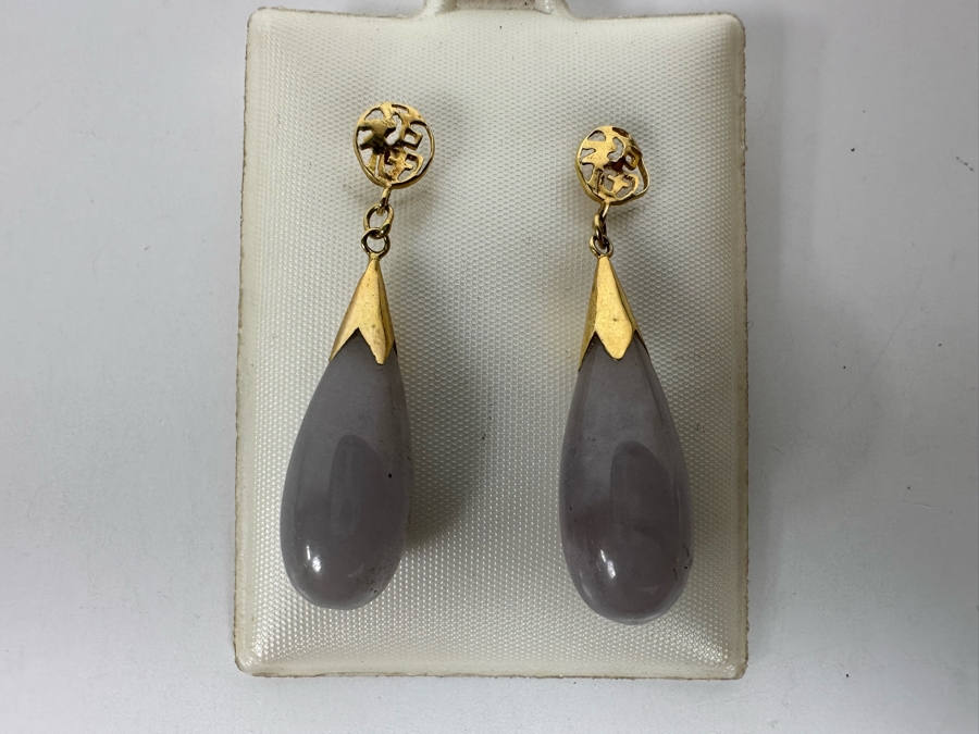 14K Gold Lavender Jadeite Earrings 1 1/4” 4.9g [Photo 3]