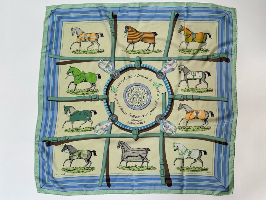 Hermes Paris Silk Scarf Couvertures Et Tenues Et Tenues De Jour Jacques Eudel 34.5 X 33.5 [Photo 2]