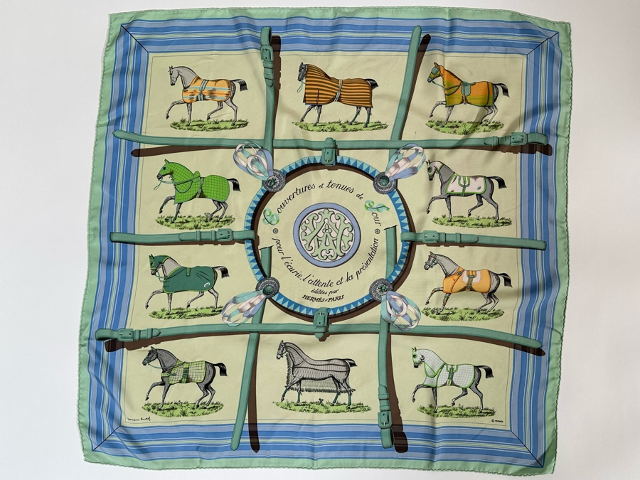 Hermes Paris Silk Scarf Couvertures Et Tenues Et Tenues De Jour Jacques Eudel 34.5 X 33.5 [Photo 3]