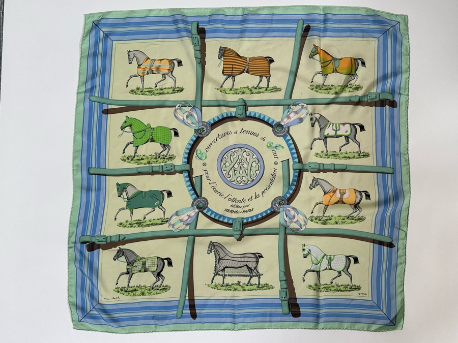 Hermes Paris Silk Scarf Couvertures Et Tenues Et Tenues De Jour Jacques Eudel 34.5 X 33.5 [Photo 4]
