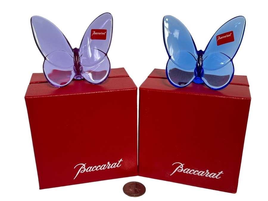 Pair Of Baccarat Crystal Lucky Butterflies Figurines New In Box 2.5H